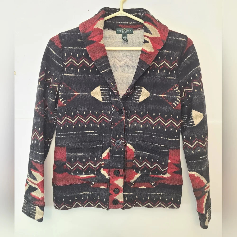 Ralph Lauren Red, Black & Cream Aztec Knit Cardigan Small Petite